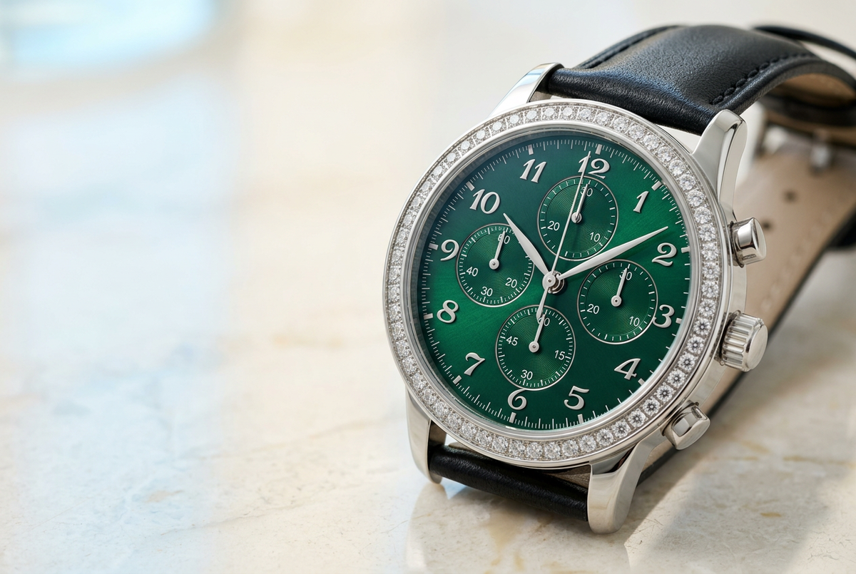 Luxury editorial hero featuring an emerald-green watch, silver detailing and a black leather strap in soft natural light