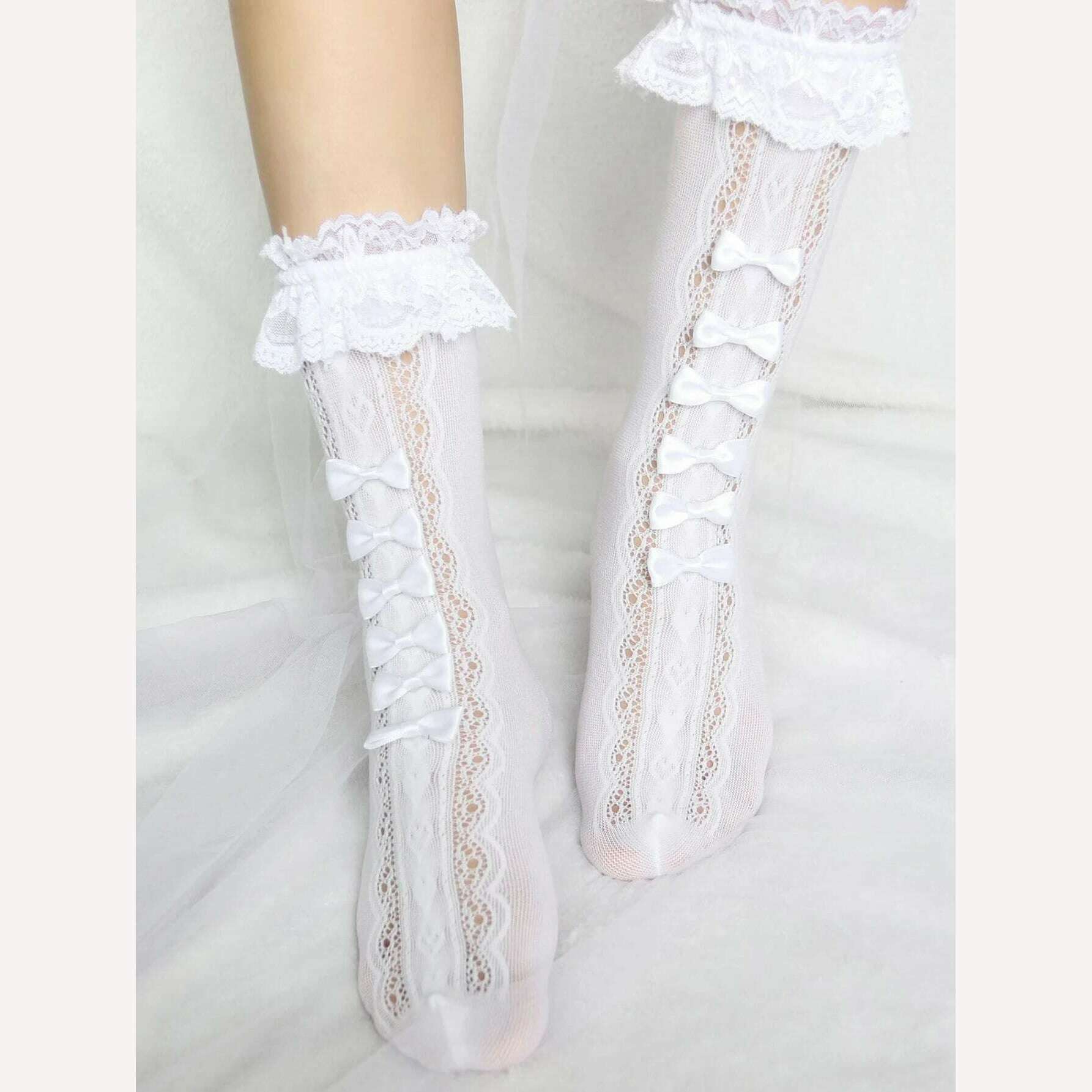 KIMLUD, 1 pair of bow shaped mid length stockings JK girls lace lace stockings Lolita princess coa long length lace bow shaped stockings, WHITE / One Size, KIMLUD Women's Clothes