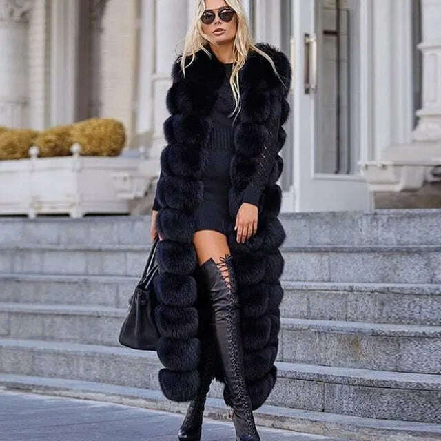 10-section Luxury Faux Fox Fur Winter Vest Jacket Sleeveless Thick Warm Horizontal Striped Long Style Fluffy Fake Fur Overcoat, black / S, KIMLUD Women's Clothes