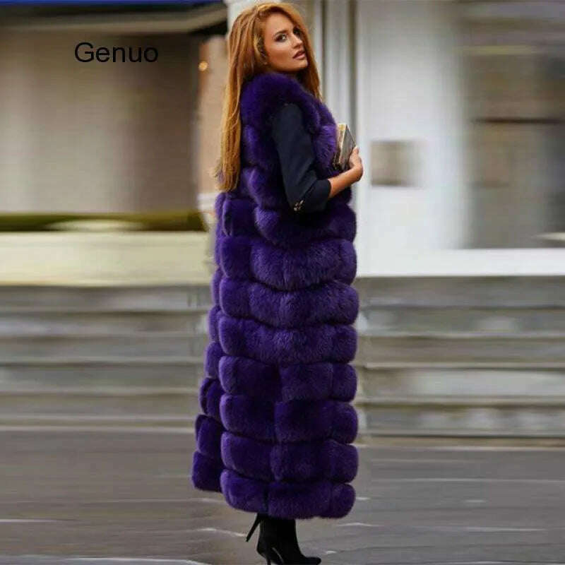 KIMLUD, 10-section Luxury Faux Fox Fur Winter Vest Jacket Sleeveless Thick Warm Horizontal Striped Long Style Fluffy Fake Fur Overcoat, KIMLUD Women's Clothes