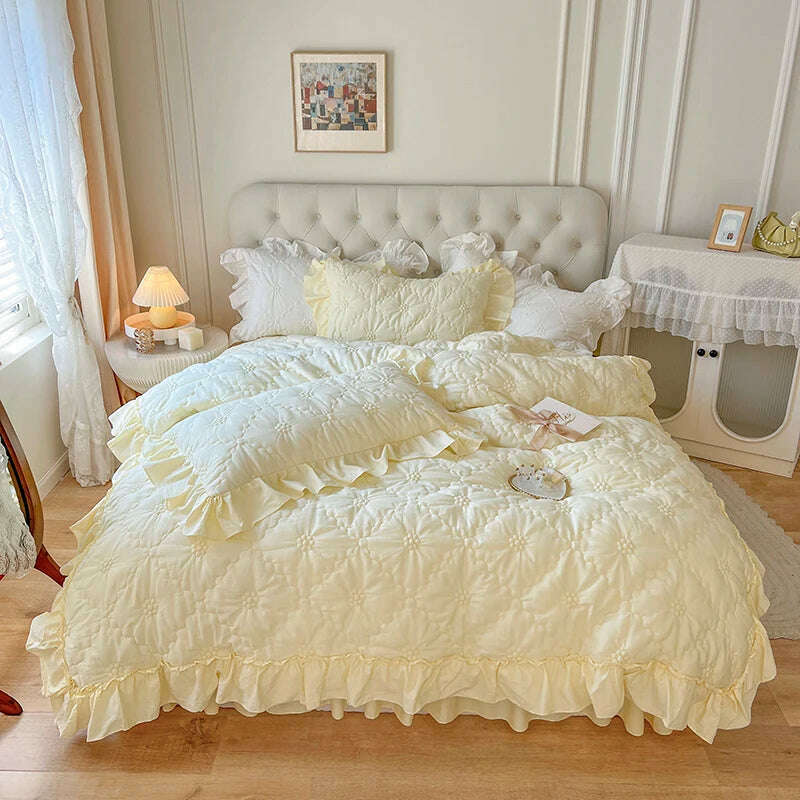 KIMLUD, 100% Cotton Korean Princess Solid White Bedding Sets Ruffle Bedspread Flower Embroidered Duvet Cover Bed Skirt Pillowcases, as picture 1 / Full Size 4pcs / Flat Bedsheet, KIMLUD Women's Clothes