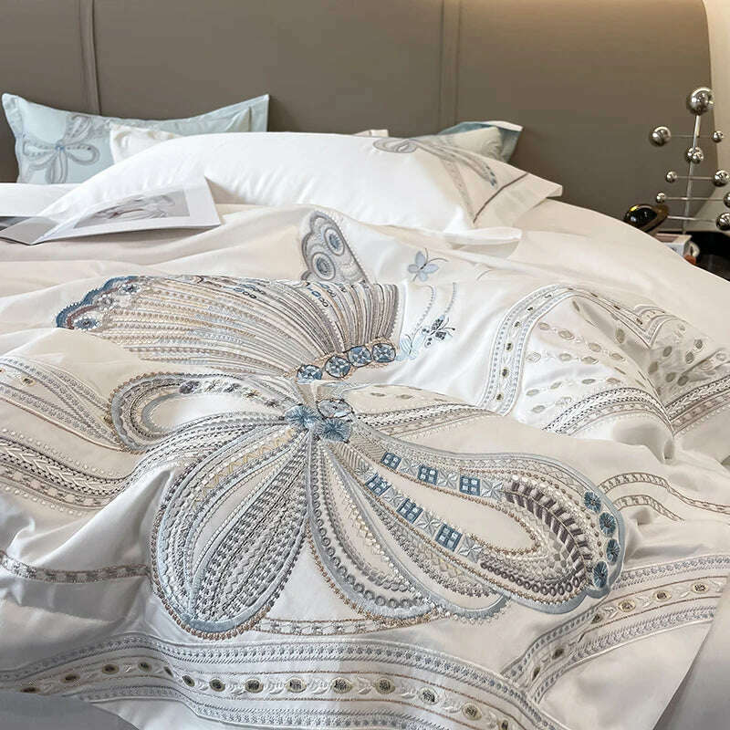 KIMLUD, 100% Egyptian Cotton Luxury Butterfly Embroidery Wedding Bedding Set 100% Cotton Duvet Cover Flat/Fitted Bed Sheet Pillowcases, KIMLUD Women's Clothes