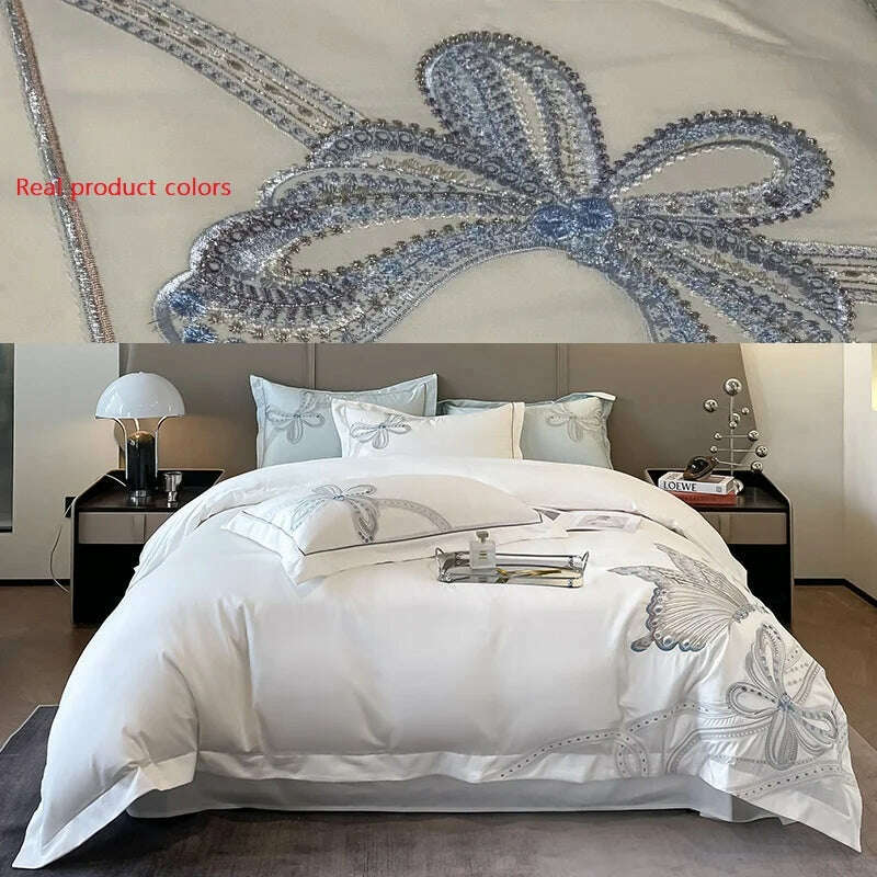 KIMLUD, 100% Egyptian Cotton Luxury Butterfly Embroidery Wedding Bedding Set 100% Cotton Duvet Cover Flat/Fitted Bed Sheet Pillowcases, Cream color / Queen Size 4pcs / Flat Bed Sheet, KIMLUD Women's Clothes