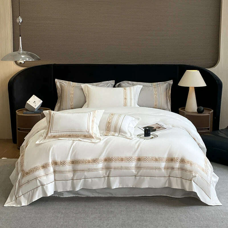 100% Egyptian Cotton Luxury Gold Embroidery Hotel Style Bedding White Grey Duvet Cover Set Fitted Sheet Bed Sheet Pillowcases - KIMLUD