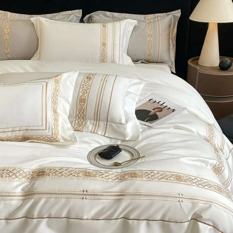 100% Egyptian Cotton Luxury Gold Embroidery Hotel Style Bedding White Grey Duvet Cover Set Fitted Sheet Bed Sheet Pillowcases - KIMLUD