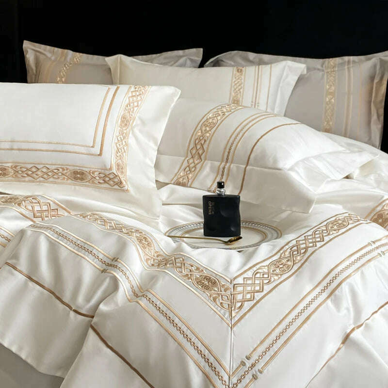100% Egyptian Cotton Luxury Gold Embroidery Hotel Style Bedding White Grey Duvet Cover Set Fitted Sheet Bed Sheet Pillowcases - KIMLUD