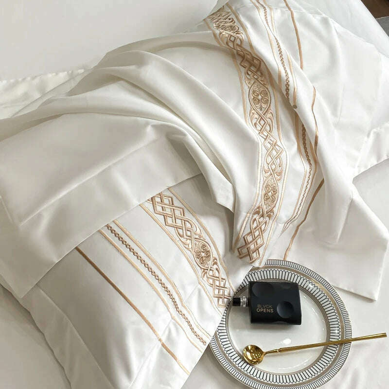 100% Egyptian Cotton Luxury Gold Embroidery Hotel Style Bedding White Grey Duvet Cover Set Fitted Sheet Bed Sheet Pillowcases - KIMLUD