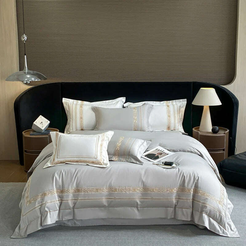 100% Egyptian Cotton Luxury Gold Embroidery Hotel Style Bedding White Grey Duvet Cover Set Fitted Sheet Bed Sheet Pillowcases - KIMLUD