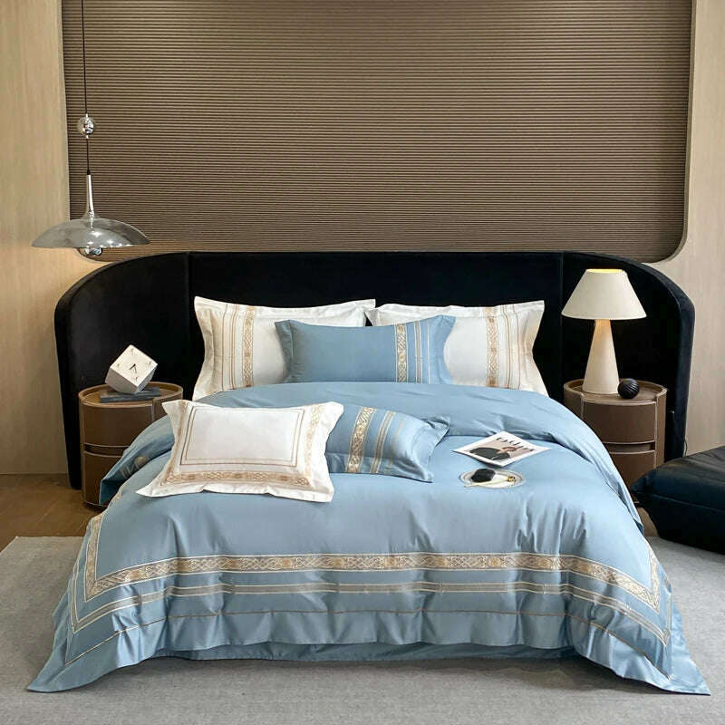 100% Egyptian Cotton Luxury Gold Embroidery Hotel Style Bedding White Grey Duvet Cover Set Fitted Sheet Bed Sheet Pillowcases - KIMLUD