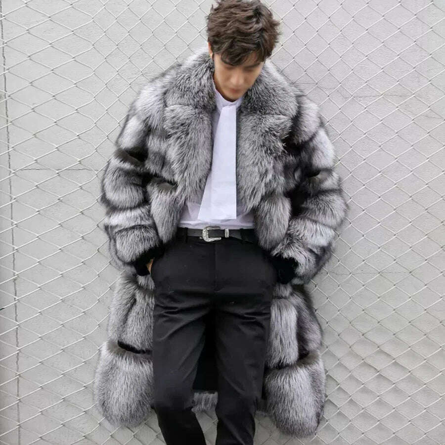 100% Natural Real Sliver Fox Fur Fashion Fur Coat Jacket Long Overcoat Men European Quality, KIMLUD Women's Clothes