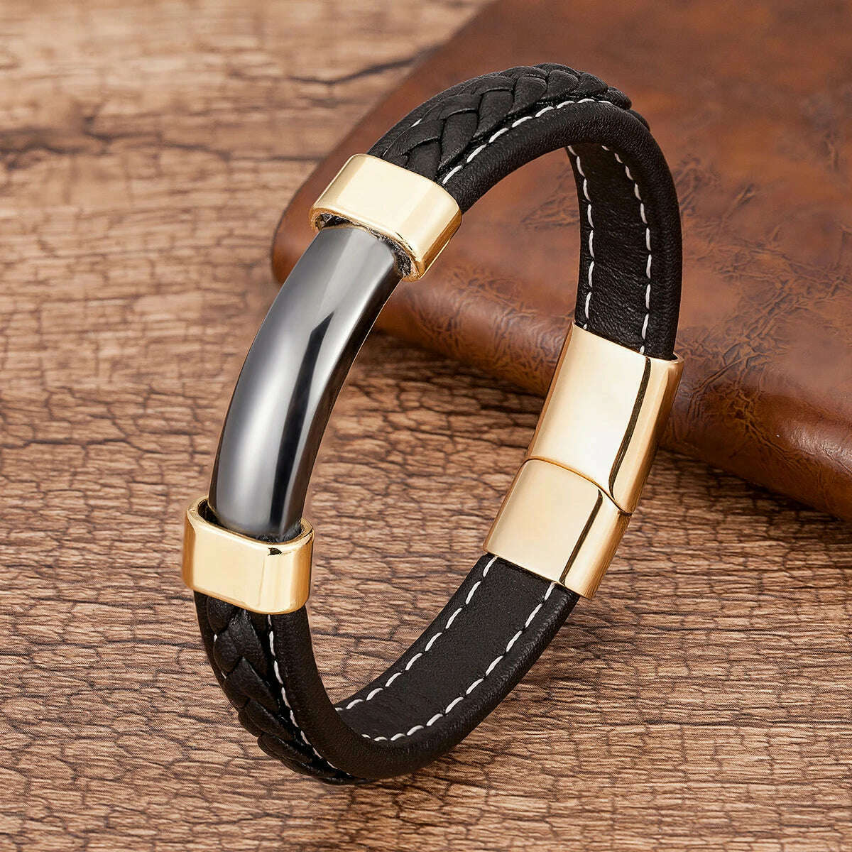 100% Natural Stone Mens Bracelet 2021 Luxury Black Genuine Leather Rope Chain Stainless Steel Magnet Clasp Male Jewelry - KIMLUD