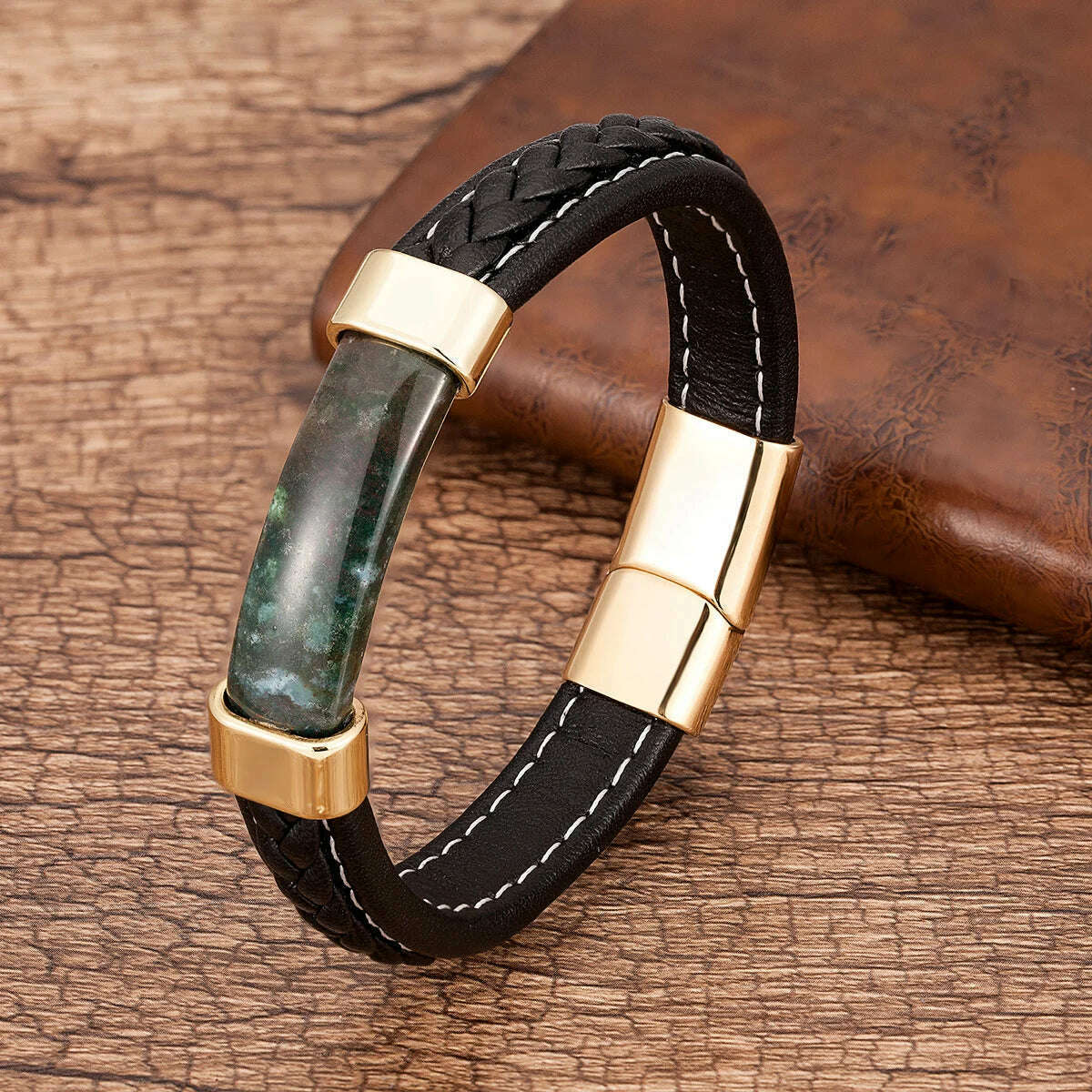 100% Natural Stone Mens Bracelet 2021 Luxury Black Genuine Leather Rope Chain Stainless Steel Magnet Clasp Male Jewelry - KIMLUD