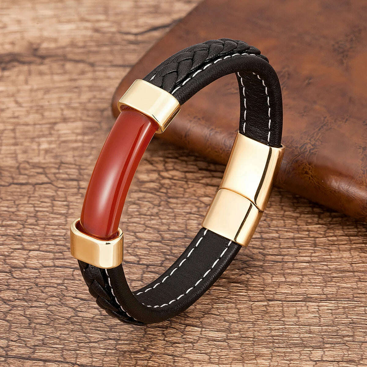 100% Natural Stone Mens Bracelet 2021 Luxury Black Genuine Leather Rope Chain Stainless Steel Magnet Clasp Male Jewelry - KIMLUD