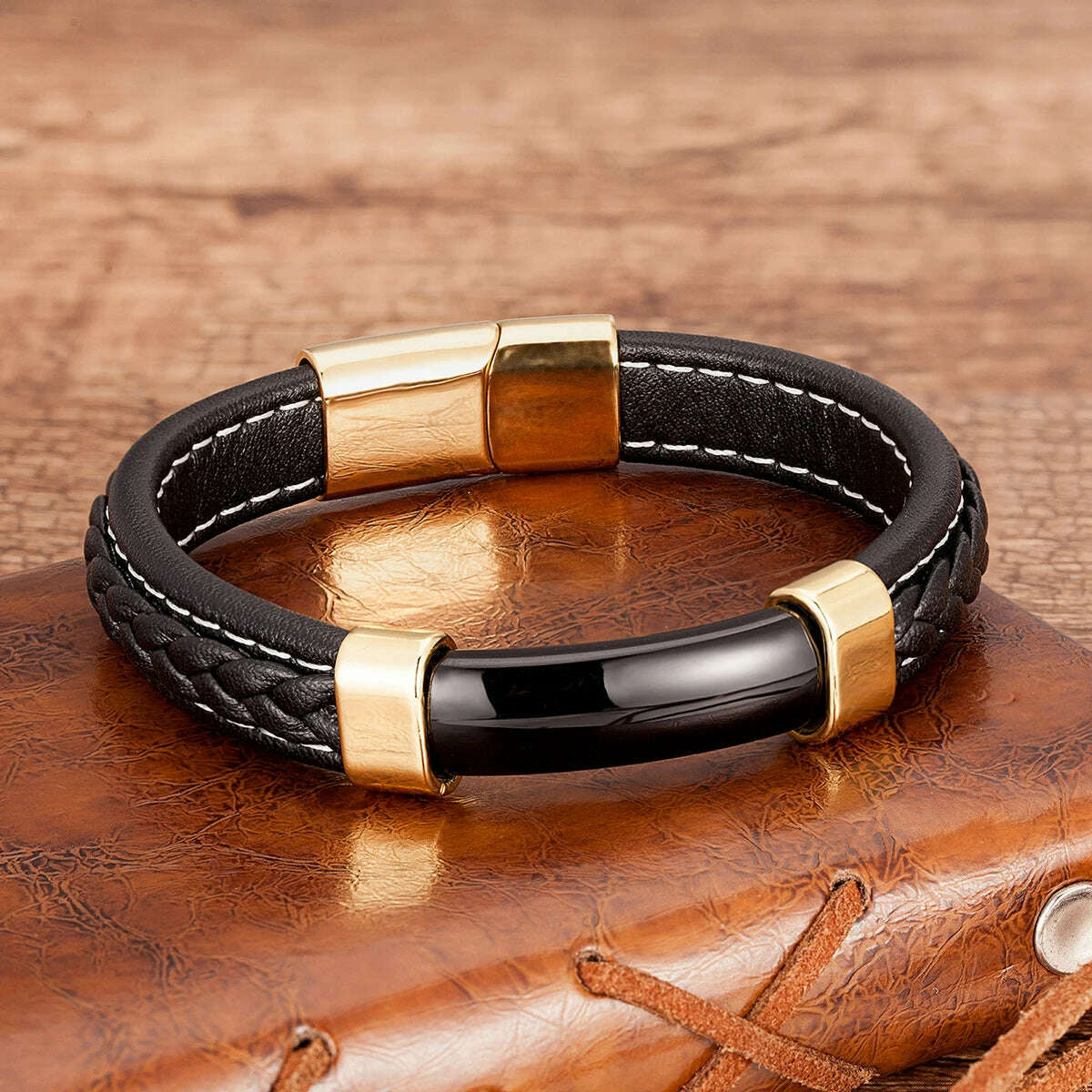 KIMLUD, 100% Natural Stone Mens Bracelet 2021 Luxury Black Genuine Leather Rope Chain Stainless Steel Magnet Clasp Male Jewelry, Black-Agate-Gold / 19cm, KIMLUD Women's Clothes