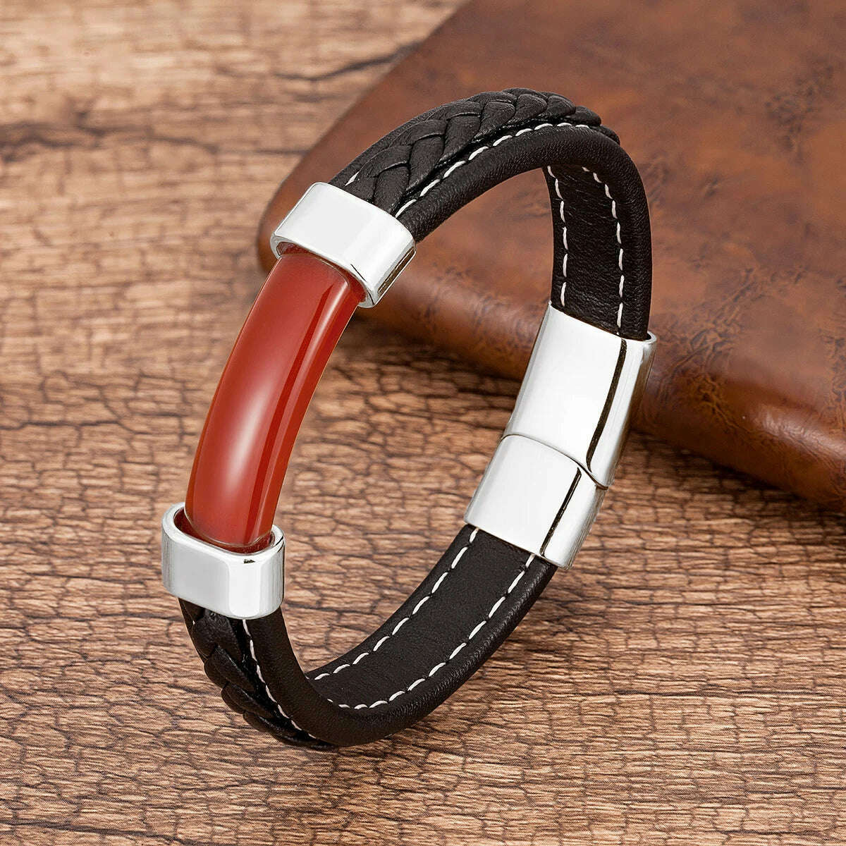 100% Natural Stone Mens Bracelet 2021 Luxury Black Genuine Leather Rope Chain Stainless Steel Magnet Clasp Male Jewelry - KIMLUD