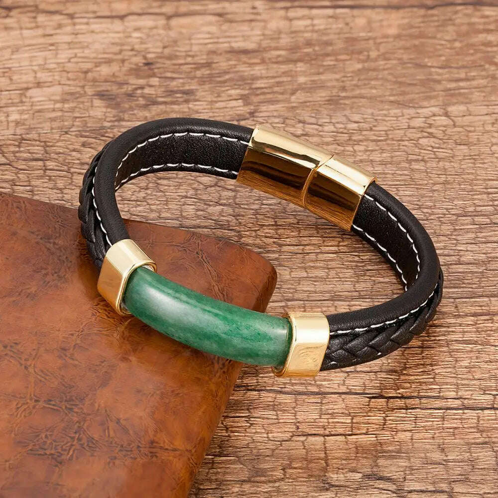 KIMLUD, 100% Natural Stone Mens Bracelet 2021 Luxury Black Genuine Leather Rope Chain Stainless Steel Magnet Clasp Male Jewelry, Aventurine-Gold / 19cm, KIMLUD Women's Clothes