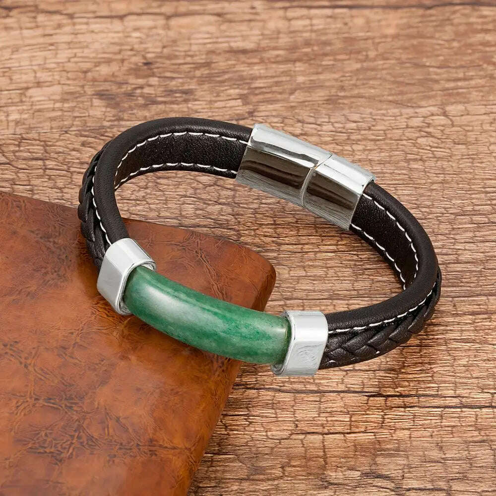 KIMLUD, 100% Natural Stone Mens Bracelet 2021 Luxury Black Genuine Leather Rope Chain Stainless Steel Magnet Clasp Male Jewelry, Aventurine-Silver / 19cm, KIMLUD Womens Clothes