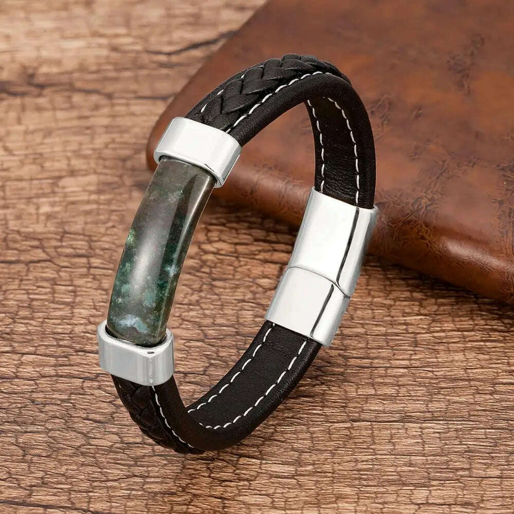 100% Natural Stone Mens Bracelet 2021 Luxury Black Genuine Leather Rope Chain Stainless Steel Magnet Clasp Male Jewelry - KIMLUD