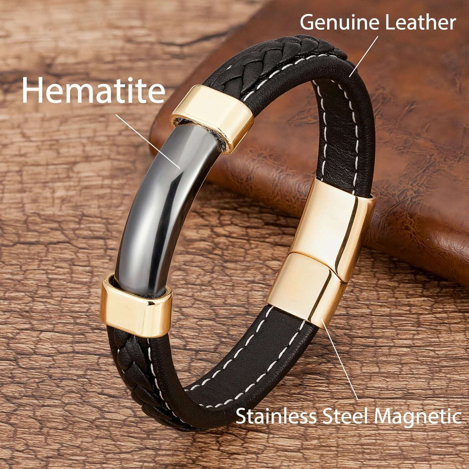 100% Natural Stone Mens Bracelet 2021 Luxury Black Genuine Leather Rope Chain Stainless Steel Magnet Clasp Male Jewelry - KIMLUD