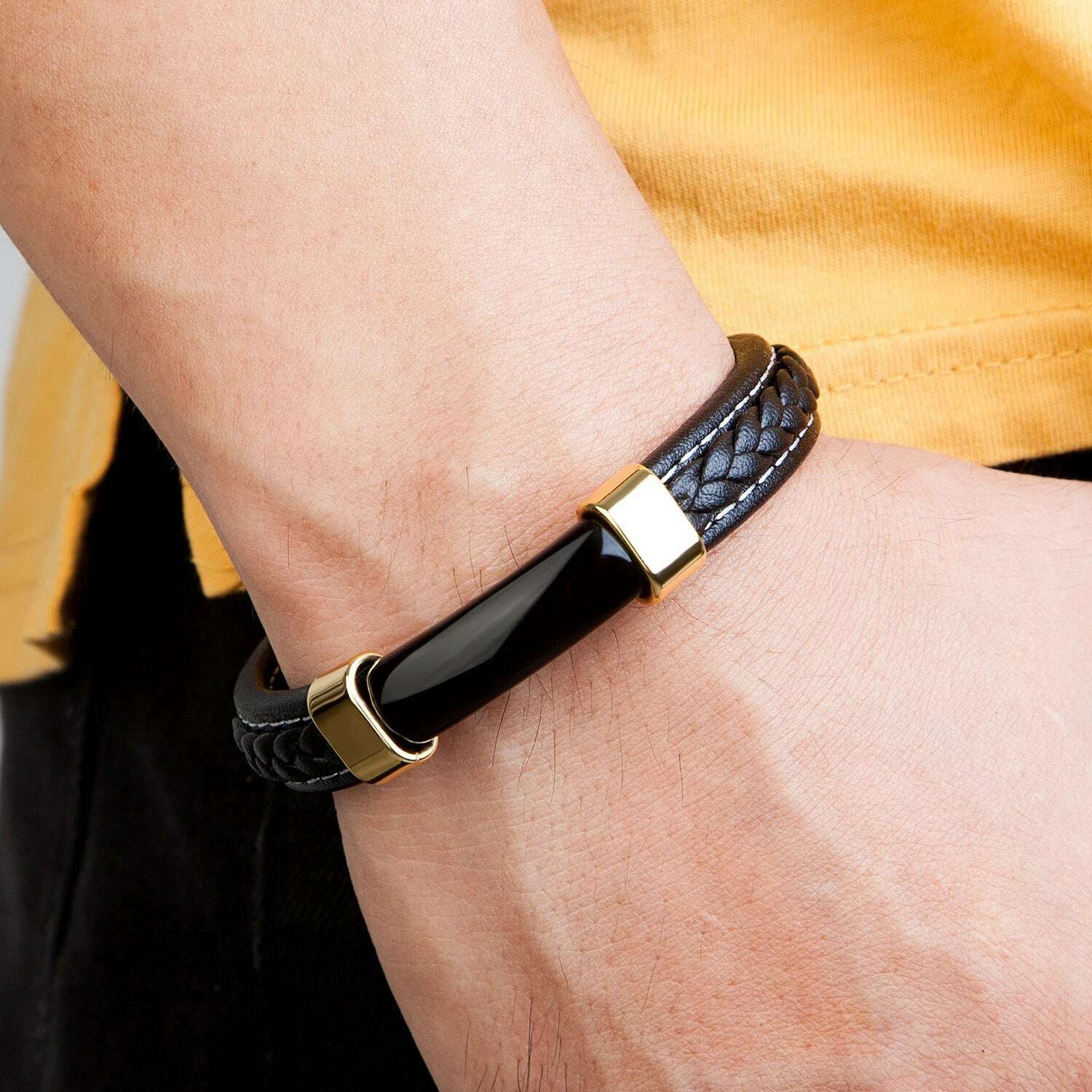 100% Natural Stone Mens Bracelet 2021 Luxury Black Genuine Leather Rope Chain Stainless Steel Magnet Clasp Male Jewelry - KIMLUD