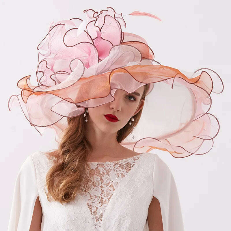 KIMLUD, 100% Organza Hats Summer Kentucky Derby Large Wide Brim Feather Flower Fedoras Wedding Hat Fascinator Tea Party Hat Packable, Pink, KIMLUD Women's Clothes
