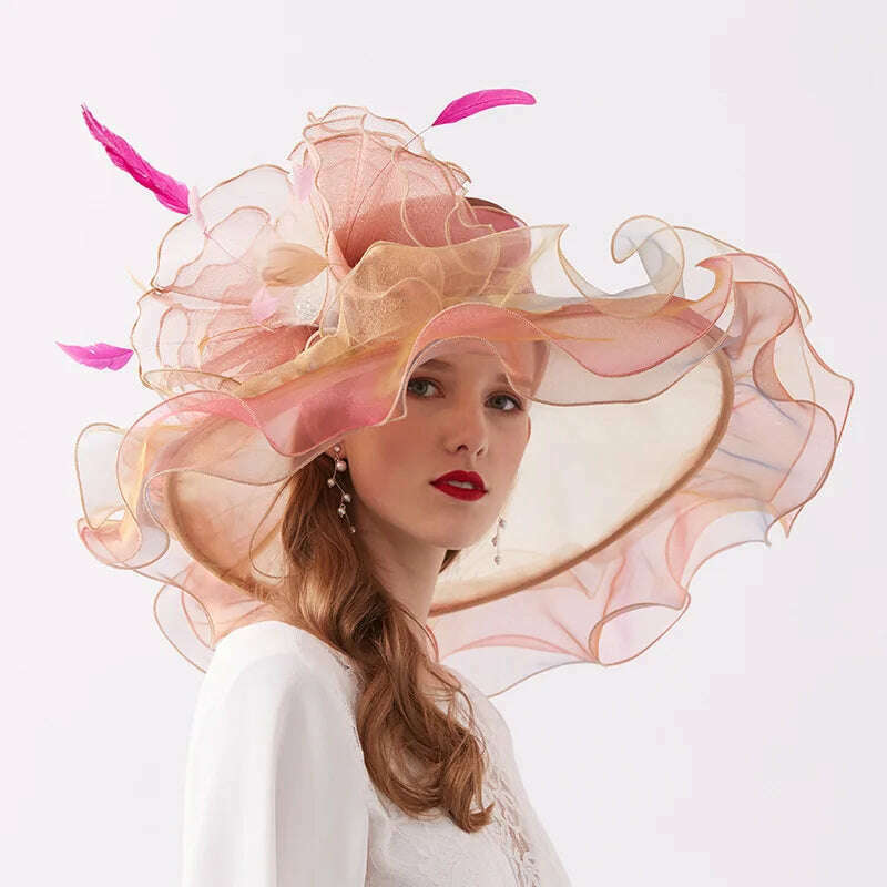 KIMLUD, 100% Organza Hats Summer Kentucky Derby Large Wide Brim Feather Flower Fedoras Wedding Hat Fascinator Tea Party Hat Packable, Gold, KIMLUD Womens Clothes