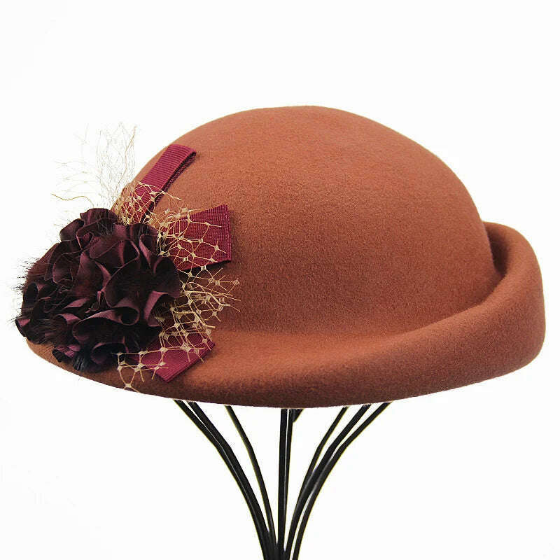 KIMLUD, 100% Wool Felt Berets Women Autumn And Winter Party Gauze Flower Formal Hat Banquet Grace Woolen Hats, orange, KIMLUD Women's Clothes