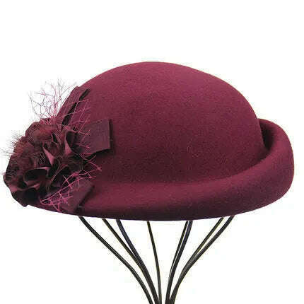 KIMLUD, 100% Wool Felt Berets Women Autumn And Winter Party Gauze Flower Formal Hat Banquet Grace Woolen Hats, wine red, KIMLUD Women's Clothes