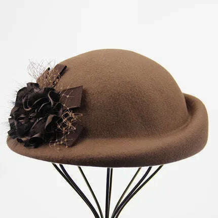 KIMLUD, 100% Wool Felt Berets Women Autumn And Winter Party Gauze Flower Formal Hat Banquet Grace Woolen Hats, camel, KIMLUD Women's Clothes