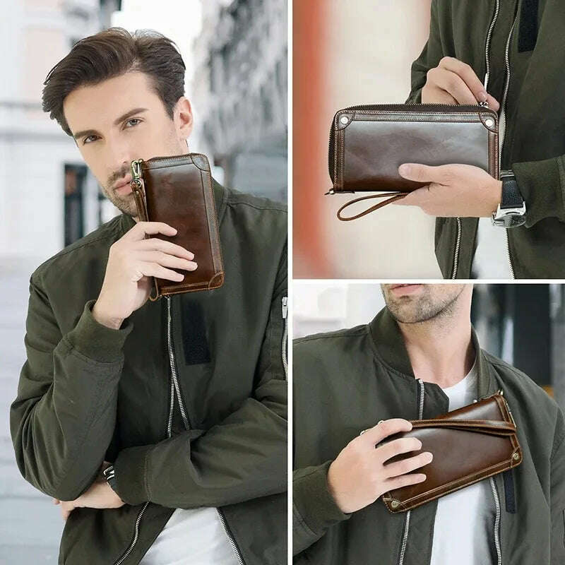 KIMLUD, 100%Genuine Leather Men Long Wallet Large Capacity Male Clutch Zipper Coin Cellphone Pocket Card Holder Casual Purse, KIMLUD Womens Clothes