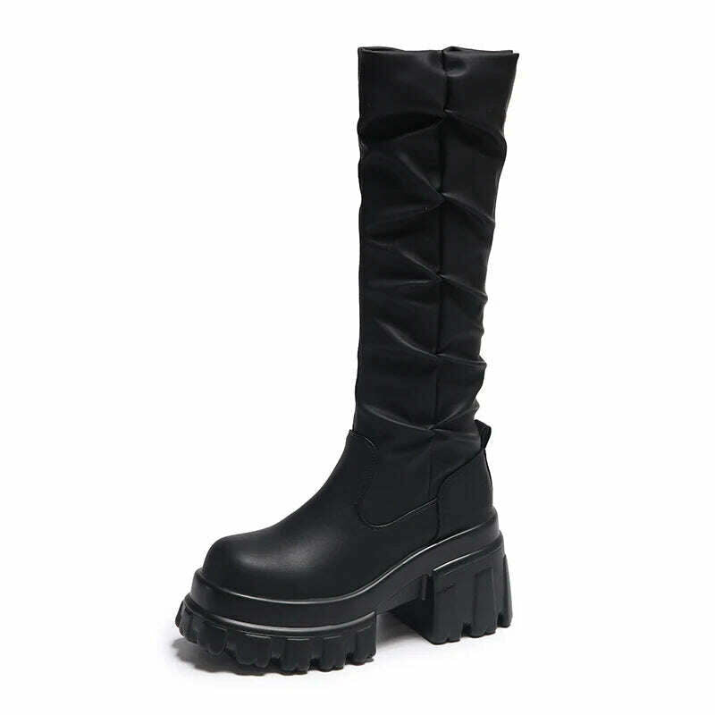 10CM Heels Pleated Leather Knee High Boots Women Fashion 2023 Winter Autumn Warm Plush Thick Sole Sneakers Motorcycle Long Boots - KIMLUD