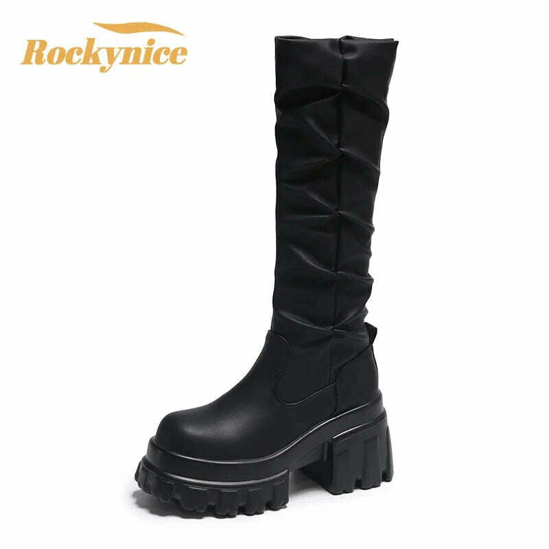 KIMLUD, 10CM Heels Pleated Leather Knee High Boots Women Fashion 2023 Winter Autumn Warm Plush Thick Sole Sneakers Motorcycle Long Boots, KIMLUD Womens Clothes