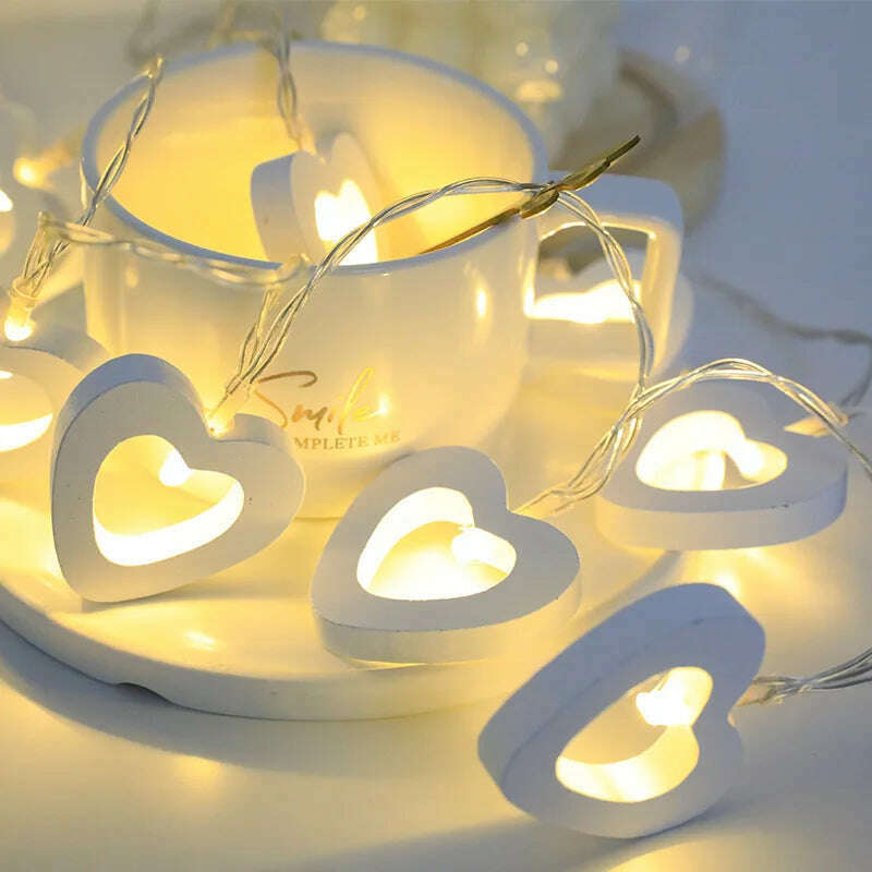KIMLUD, 10pcs Valentine's Day Wooden Heart String Lights Fairy Light Hanging Lamp Valentines Wedding Birthday party room Decoration, white light, KIMLUD Women's Clothes