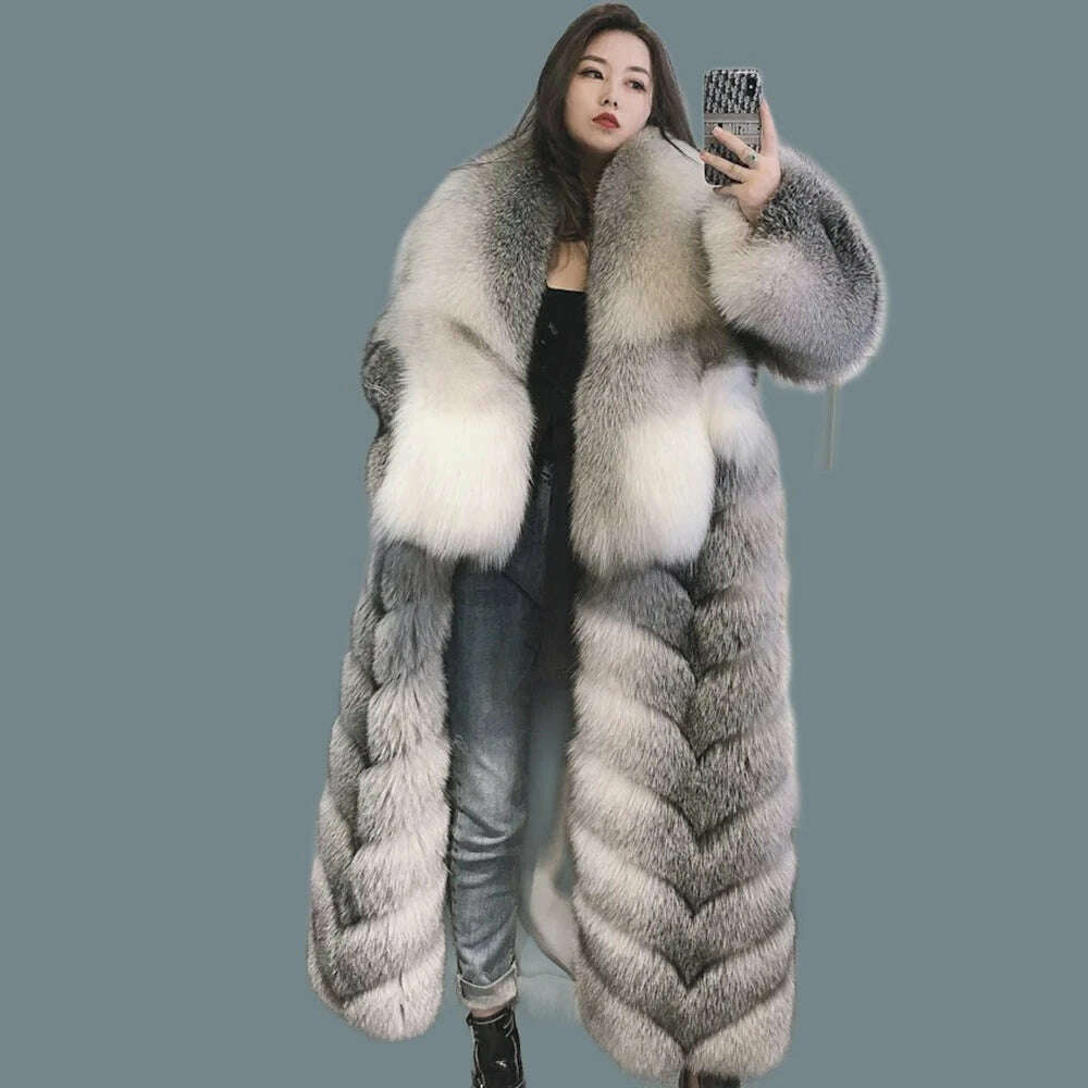 KIMLUD, 110cm Length Natural Fur Coat Genuine Fox Fur Diagonal Stripes Coats With Laper Collar 2023 Winter Fashion Luxurious Women Coat, grey / 2XL Bust 104cm, KIMLUD Womens Clothes