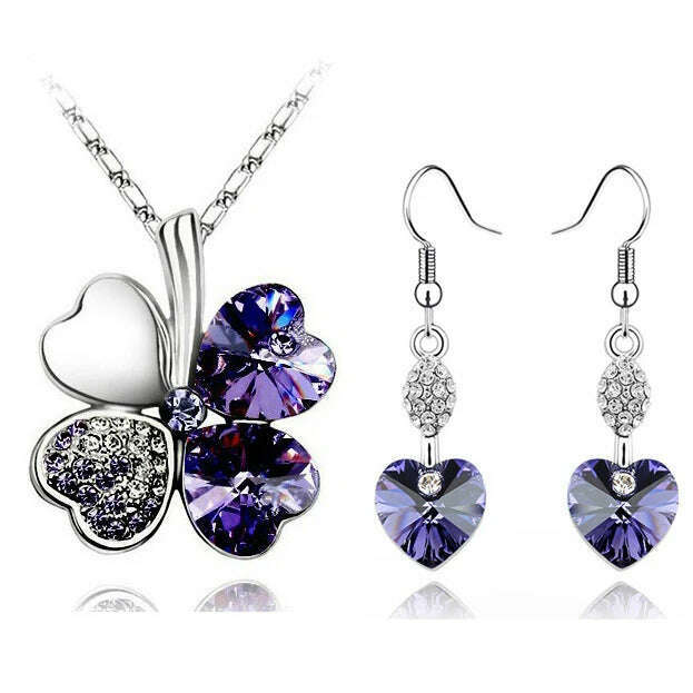 11.11 Sales Everyday Jewelry Set Lucky Silver Color Clovers Necklace Heart Austrian Crystal Earrings Fashion Necklace Set, Dark purple, KIMLUD Women's Clothes