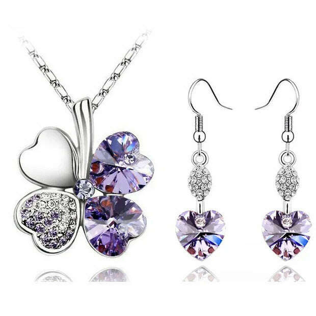 KIMLUD, 11.11 Sales Everyday Jewelry Set Lucky Silver Color Clovers Necklace Heart Austrian Crystal Earrings Fashion Necklace Set, violet, KIMLUD APPAREL - Womens Clothes