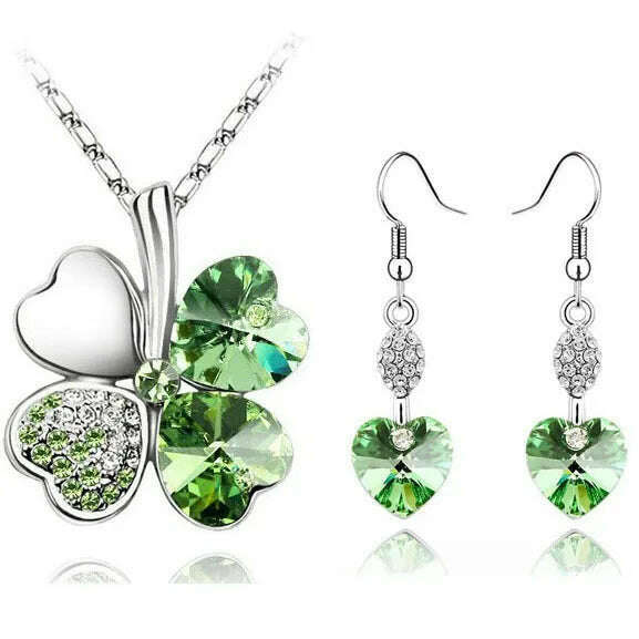 KIMLUD, 11.11 Sales Everyday Jewelry Set Lucky Silver Color Clovers Necklace Heart Austrian Crystal Earrings Fashion Necklace Set, lightGreen, KIMLUD APPAREL - Womens Clothes