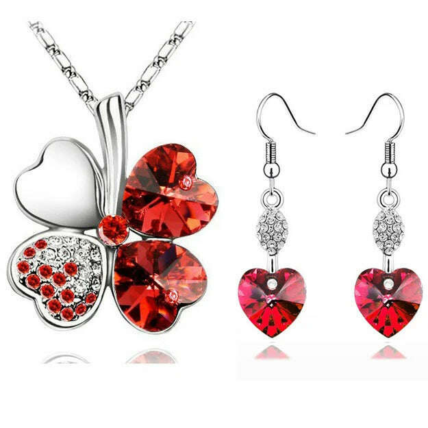 KIMLUD, 11.11 Sales Everyday Jewelry Set Lucky Silver Color Clovers Necklace Heart Austrian Crystal Earrings Fashion Necklace Set, KIMLUD Womens Clothes