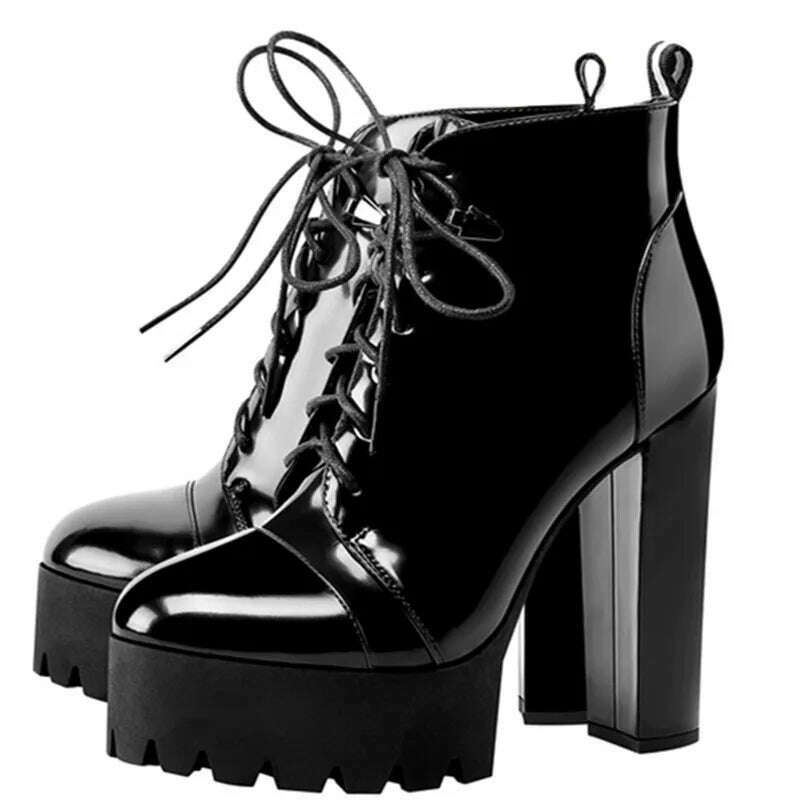 KIMLUD, 11.5Cm Super High Heels Women Boots Platform Cross-tied Chunky Heel Shoes for Famale Round Toe Solid Black Rome Motorcycle Boots, KIMLUD Womens Clothes