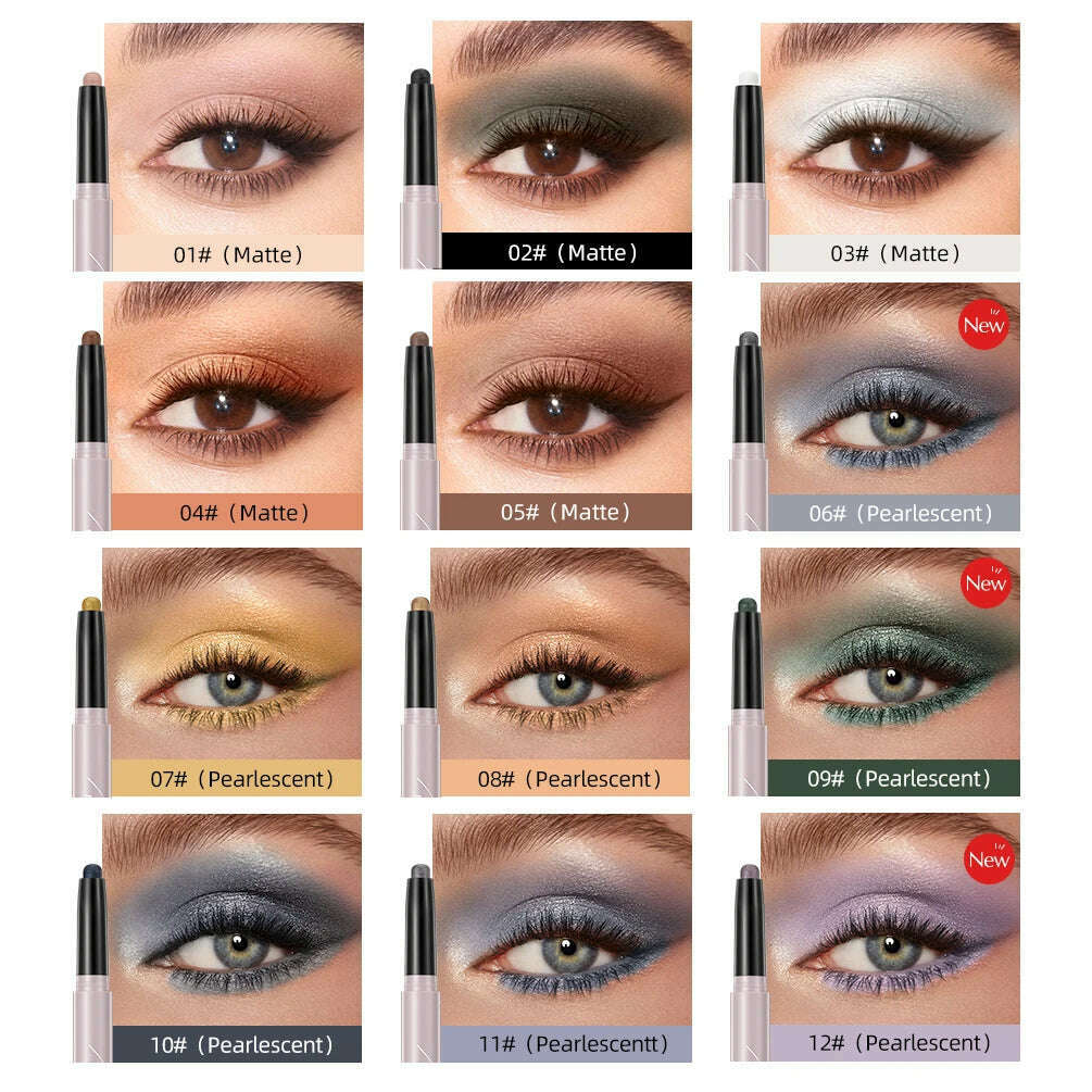 12 Color Highlighter Eyeshadow Pencil Waterproof Glitter Matte Nude Eye Shadow Makeup Pigment Pearlescent Silkworm Eyeshadow Pen - KIMLUD