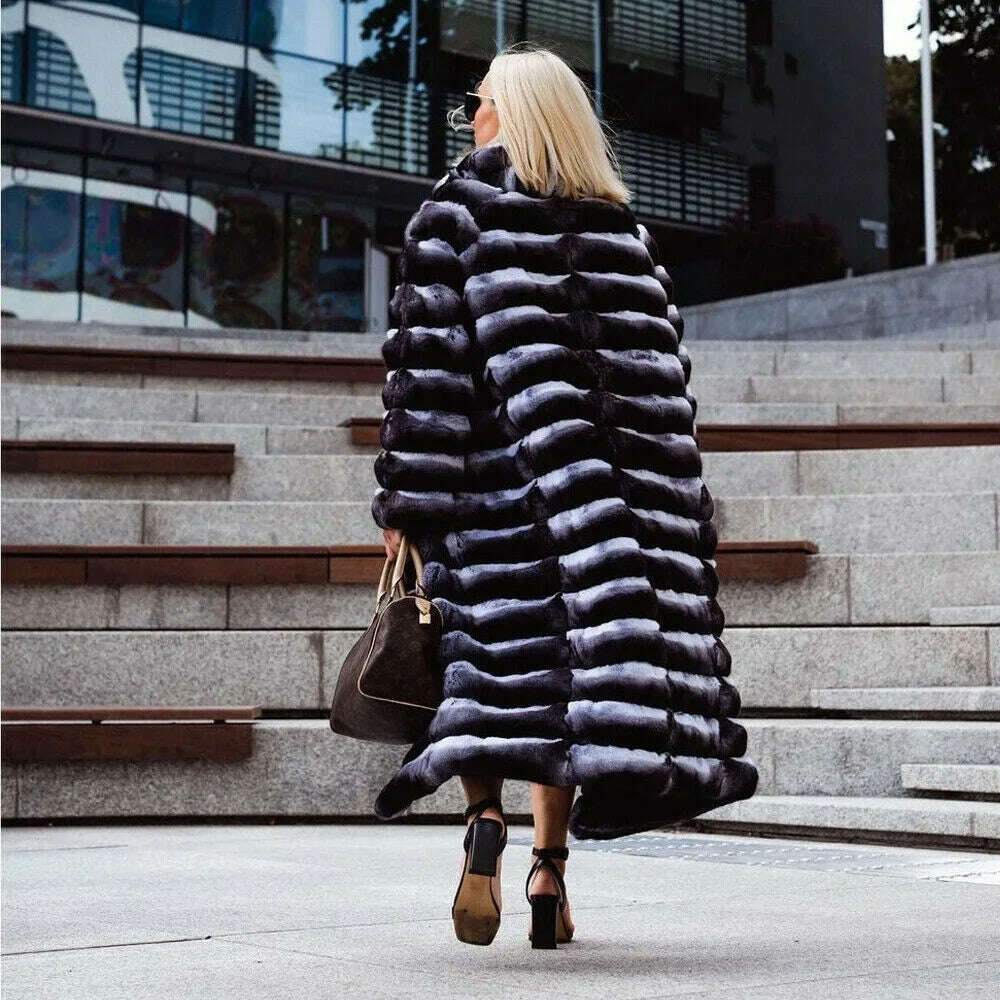 KIMLUD, 120cm Long Real Fur Coat for Women Winter New High Quality Chinchilla Color Genuine Rex Rabbit Fur Coats Outwear Luxury Woman, KIMLUD Women's Clothes