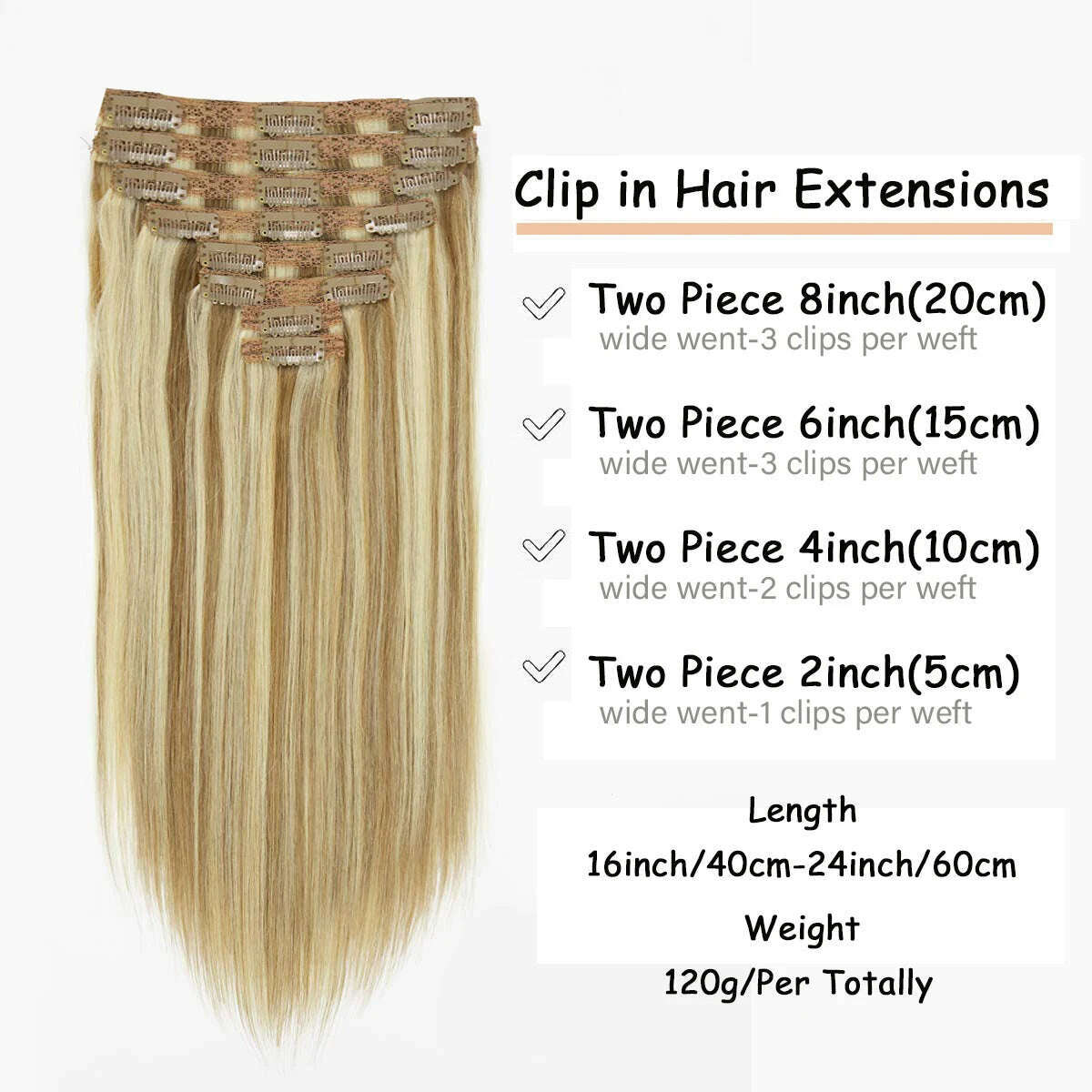 KIMLUD, 120G Clip In Hair Extension Human Hair Color P8/613 Straight Brazilian 100% Human Hair Extension Clip In 8 Pieces/Sets Full Head, KIMLUD Women's Clothes