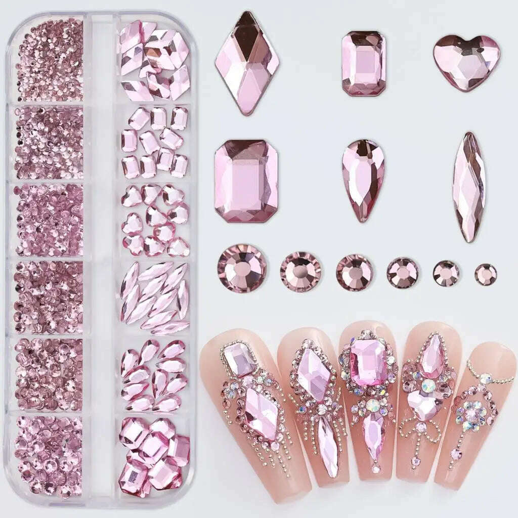 12Grids Pink Mixed Nail Rhinestones Luxury Nail Charms Glitter Crystal Jewelry Gems Nail Art Decoration Manicure Rhinestones R#Q - KIMLUD