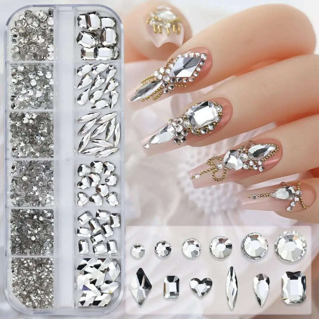 KIMLUD, 12Grids Pink Mixed Nail Rhinestones Luxury Nail Charms Glitter Crystal Jewelry Gems Nail Art Decoration Manicure Rhinestones R#Q, KIMLUD Womens Clothes