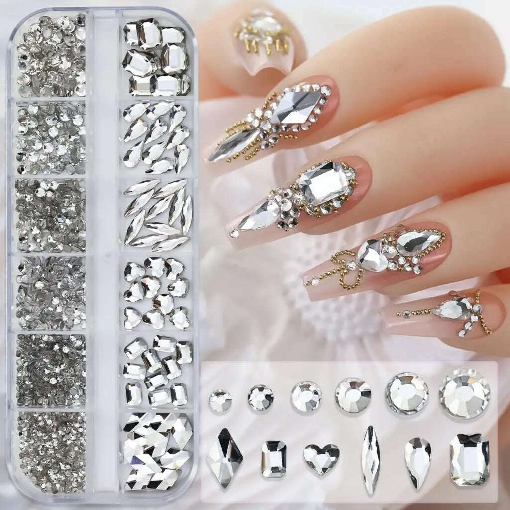 12Grids Pink Mixed Nail Rhinestones Luxury Nail Charms Glitter Crystal Jewelry Gems Nail Art Decoration Manicure Rhinestones R#Q - KIMLUD