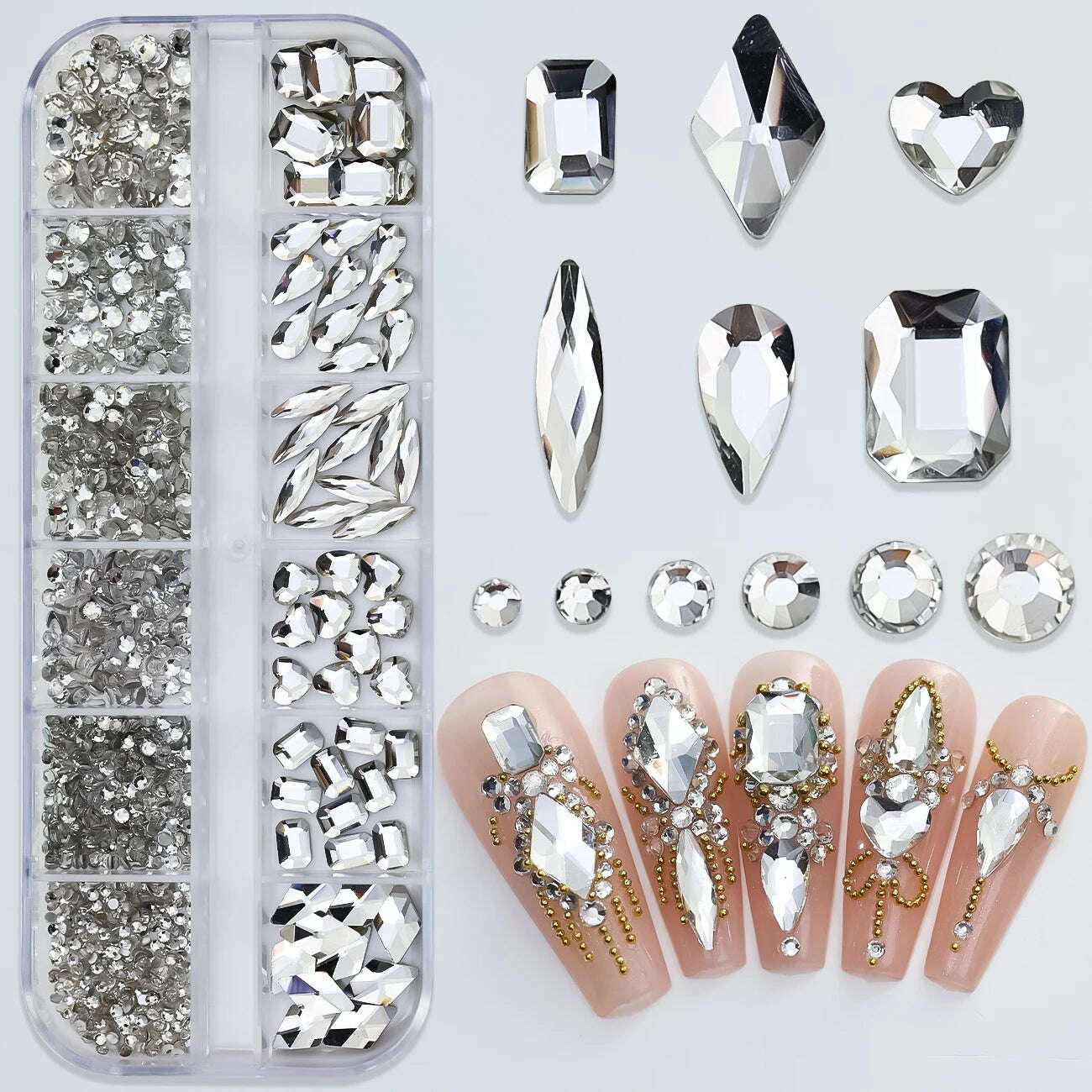 KIMLUD, 12Grids Pink Mixed Nail Rhinestones Luxury Nail Charms Glitter Crystal Jewelry Gems Nail Art Decoration Manicure Rhinestones R#Q, PH192-1, KIMLUD Womens Clothes