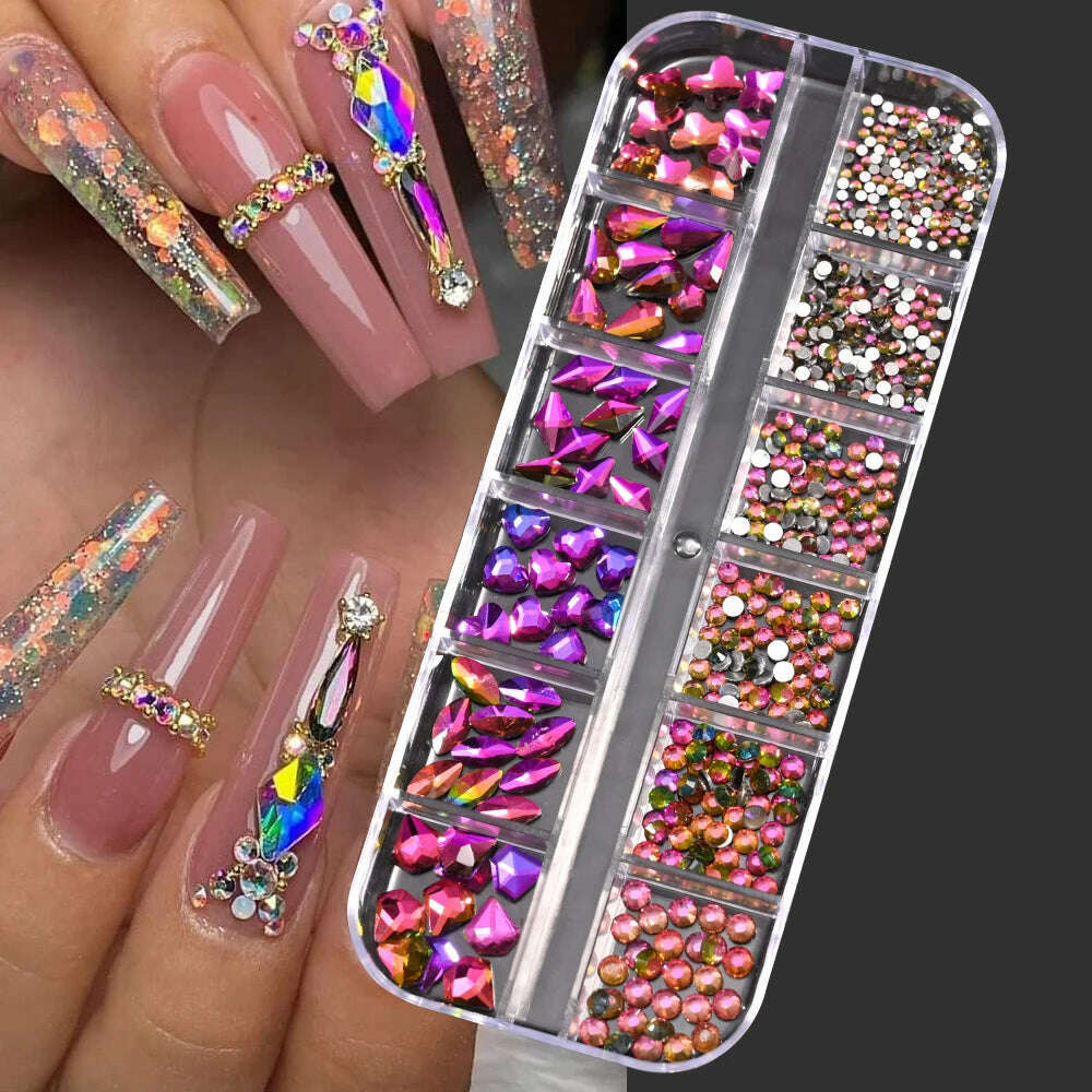 KIMLUD, 12Grids Pink Mixed Nail Rhinestones Luxury Nail Charms Glitter Crystal Jewelry Gems Nail Art Decoration Manicure Rhinestones R#Q, PH140-01, KIMLUD Womens Clothes