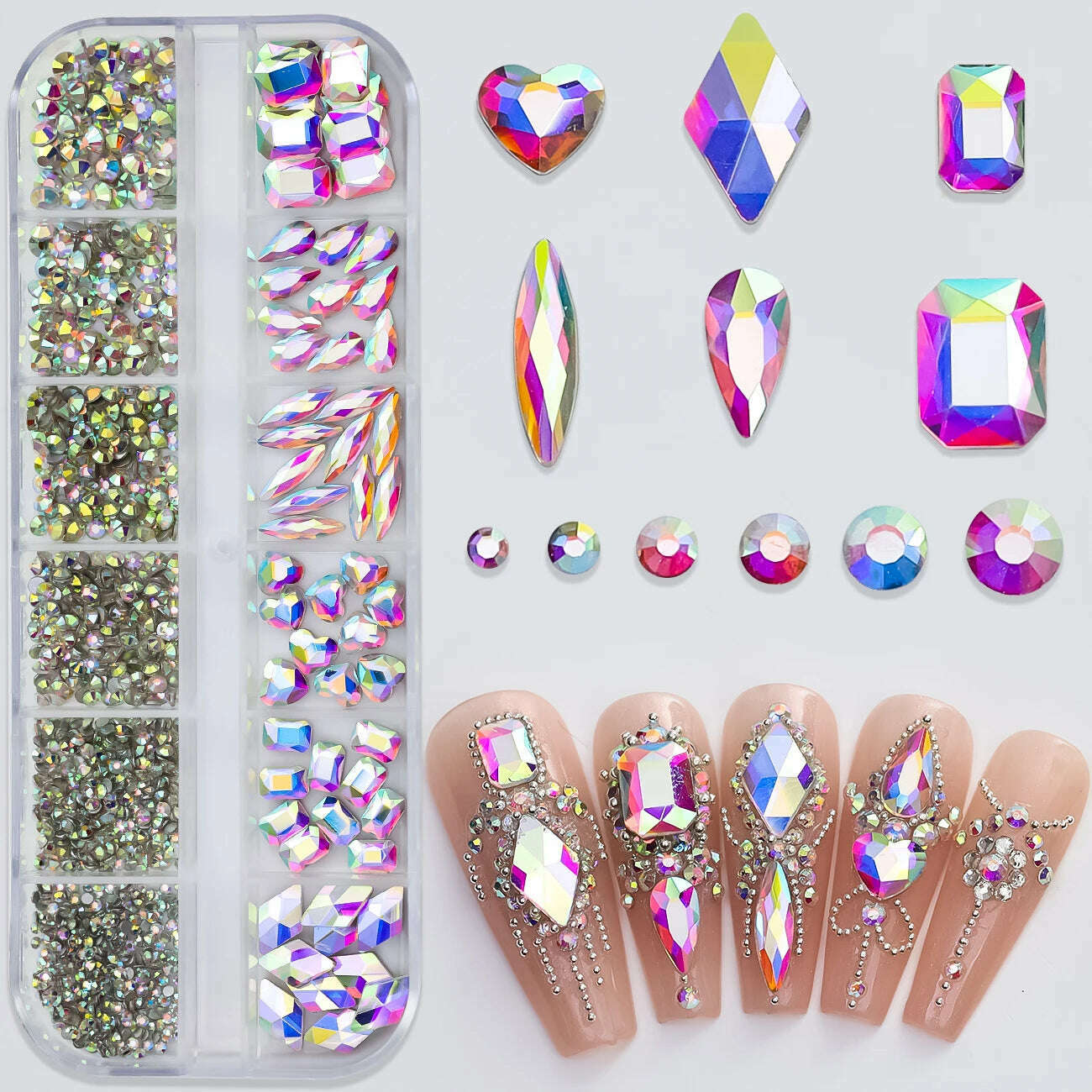 KIMLUD, 12Grids Pink Mixed Nail Rhinestones Luxury Nail Charms Glitter Crystal Jewelry Gems Nail Art Decoration Manicure Rhinestones R#Q, PH192-2, KIMLUD Womens Clothes