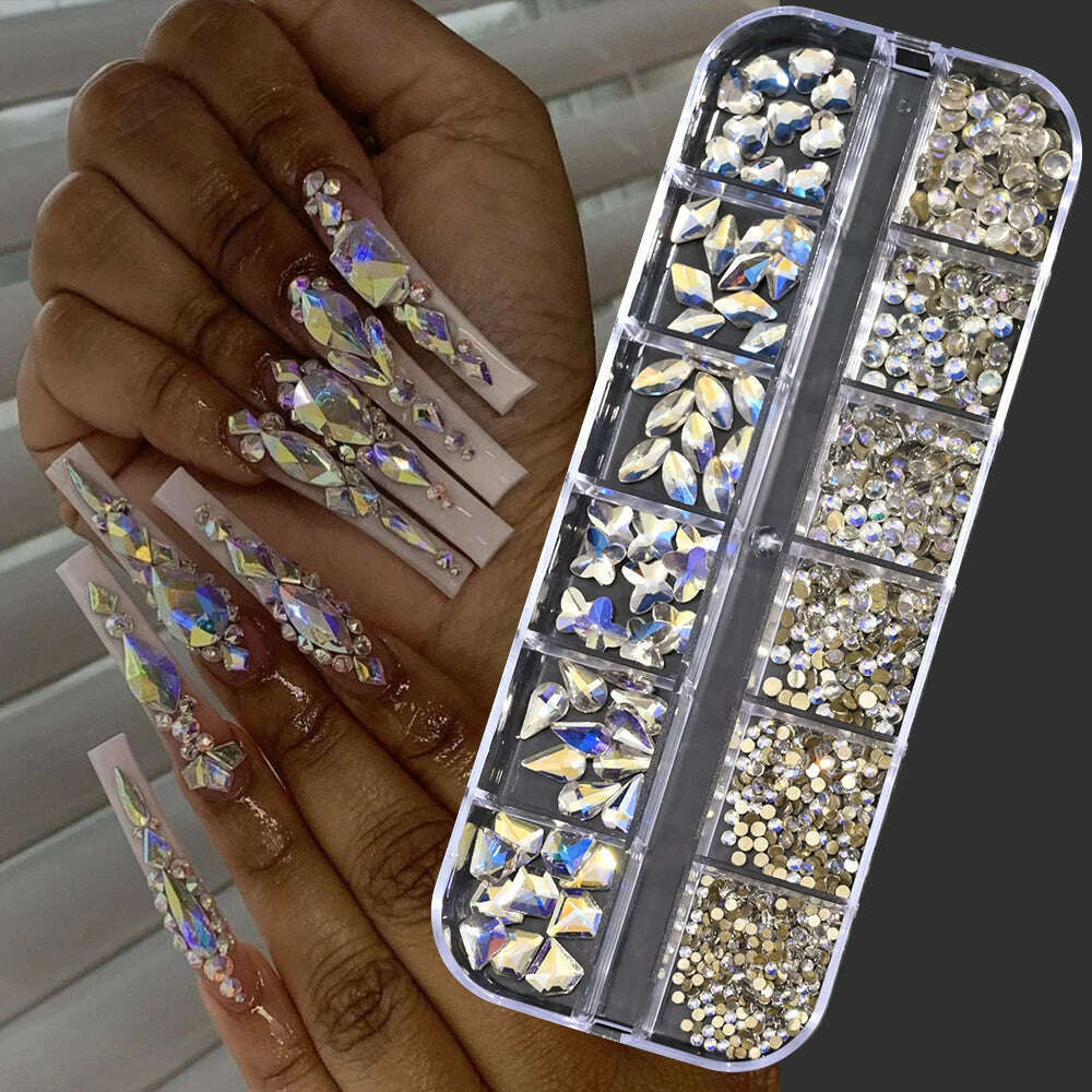 KIMLUD, 12Grids Pink Mixed Nail Rhinestones Luxury Nail Charms Glitter Crystal Jewelry Gems Nail Art Decoration Manicure Rhinestones R#Q, PH140-11, KIMLUD Womens Clothes