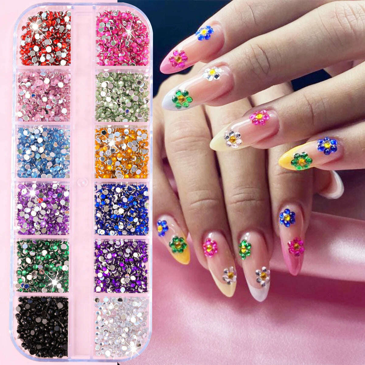 KIMLUD, 12Grids Pink Mixed Nail Rhinestones Luxury Nail Charms Glitter Crystal Jewelry Gems Nail Art Decoration Manicure Rhinestones R#Q, PH061, KIMLUD Womens Clothes